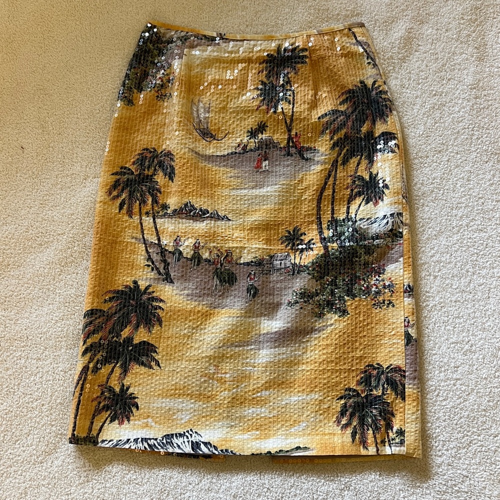 Le Superbe Sequin Tropical Midi Skirt — Yellow — Size 2